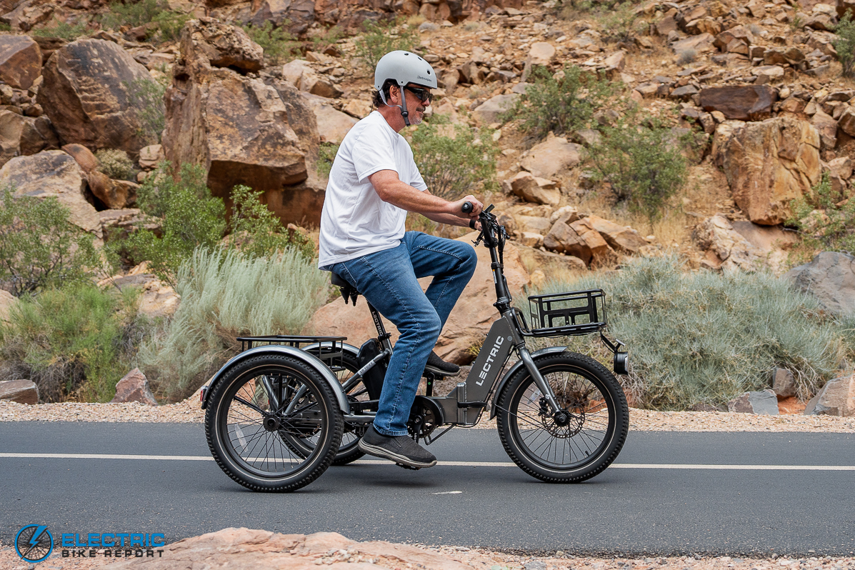 man riding Lectric XP Trike in a roundabout